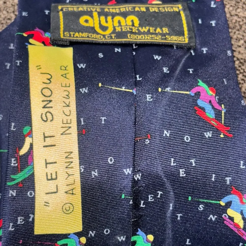 Alynn Neckwear Let it Snow Blue Neck Tie 100% Silk Skiing Theme